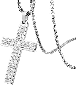Cross Necklace Pendant Car Mirror Hanging Accessories, Stainless Steel Cross Car Rear View Charm with Bible Verse for Car, Truck, Home, Hanging Cross Car Ornament for Men Women (Silver)