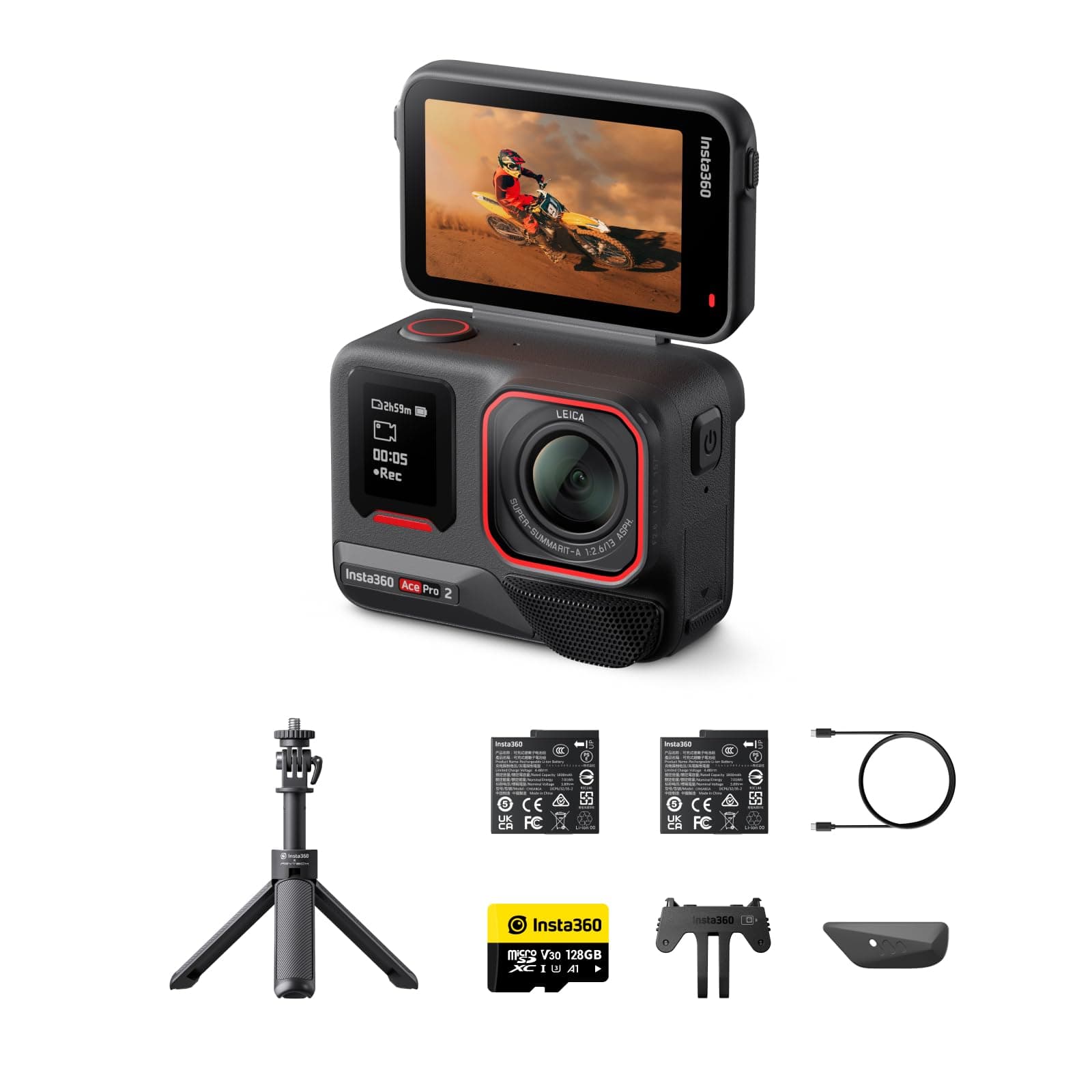 Insta360 Ace Pro 2 Get-Set Bundle - 8K Waterproof Action Camera Co-Engineered with Leica, 1/1.3" Sensor, Dual AI Chip, Leading Low Light, Superior Audio, Flip Screen & AI Editing for Vlogs