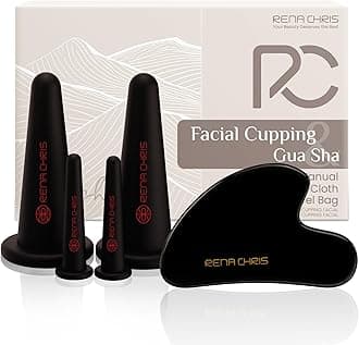 Rena Chris Facial Cupping Set & Gua Sha Tool - Silicone Obsidian Stone Face Therapy For Natural Skin Care, Puffiness, Lip Plumping(Black)