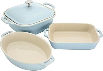 Ceramic 4-pc Baking Pans Set, Casserole Dish with Lid, Brownie Pan, Light Blue