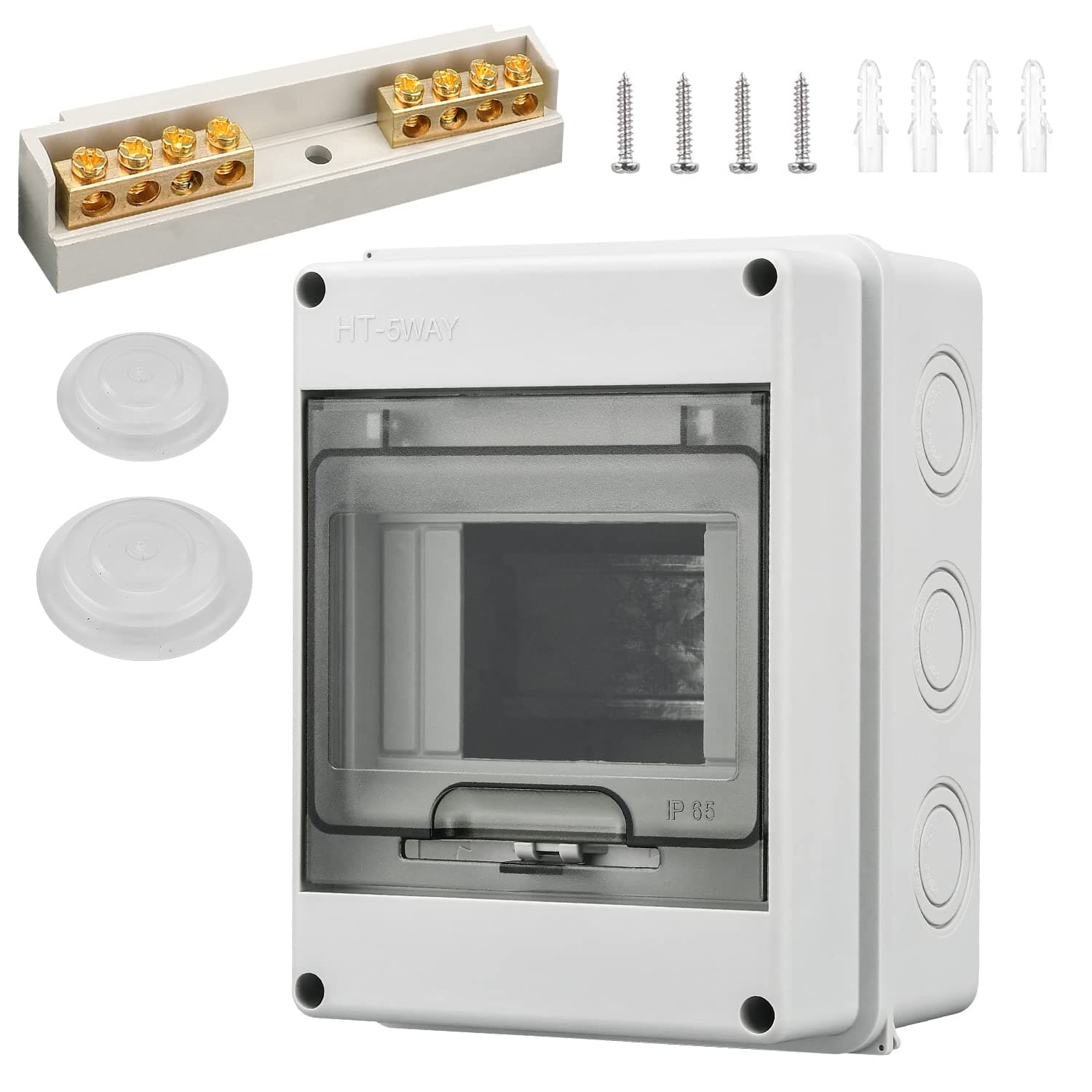 IP65 Surface-Mounted Fuse Box, 63A, 1-Row for 5 Modules, with Brass Terminals, for Garden or Outdoor Area, Villas, Shop Pillars