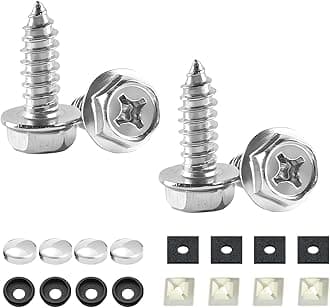 YALOK Anti Theft License Plate Screws Kits 4Sets Rustproof Stainless Steel Car Tag Plate Mounting Hardware, M6 (1/4") Tamper Proof Fastener Nut, Caps Cover for Front Rear Frame Holder (Cross-Silver)