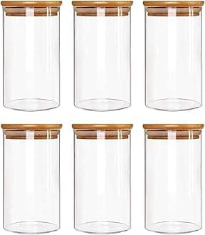 320ml Round Glass Jar Food Storage Containers with Airtight Bamboo Lid Kitchen Food Storage Glass Jars & Containers With Wooden Lid Rice, Sugar, Tea, Coffee Containers (6 PCS SET)