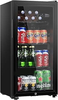 Beverage Refrigerator, 3.2 Cu. Ft, Mini Fridge with Glass Door for Soda Beer, Freestanding Beverage Cooler for Office, Bar, Adjustable Shelving&Adjustable Foot