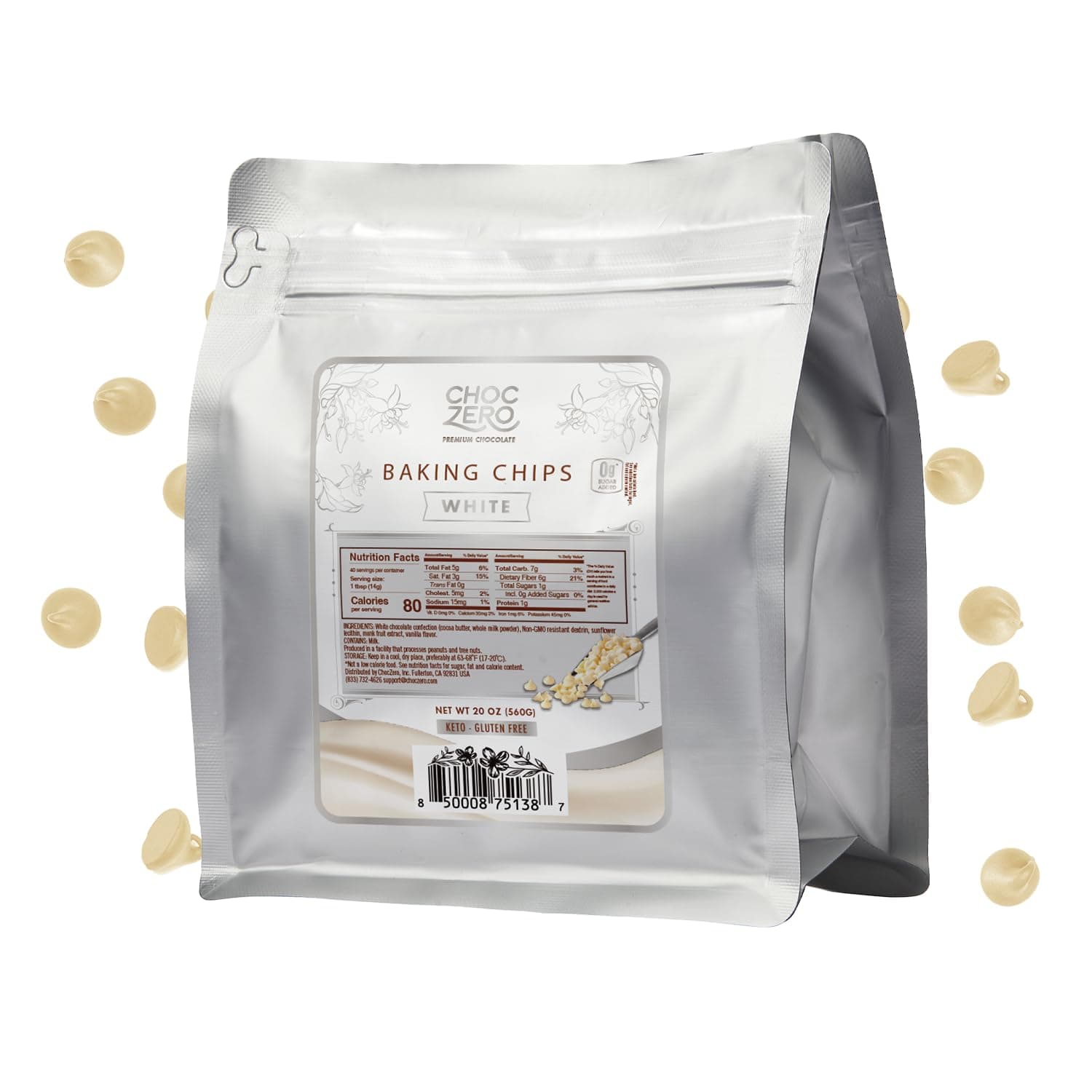 ChocZero, White Chocolate Baking Chips, No Sugar Added, 7 oz