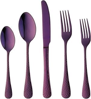 5-Piece Purple Silverware Flatware Set Service for 1 Stainless Steel Cutlery Set Include Dinner Knife Table Fork Table Spoon Salad Fork Tea Spoon for Wedding, Dishwasher Safe