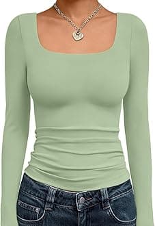 Trendy Queen Womens Square Neck Long Sleeve Shirts Double Lined Slim Fit Tops Y2K Going Out Basic Tees