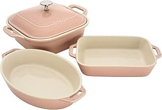 Ceramic 4-pc Baking Pans Set, Casserole Dish with Lid, Brownie Pan, Light Pink