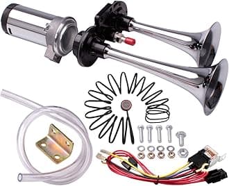FARBIN Mini Air Horn 12V Loud Car Horn，Chrome Zinc Dual Trumpet with Compressor Wire Harness and Button for Any 12V Vehicles Trucks Lorrys Cars SUV RV Motorcycles Off Road (12V, Mini version + Button)