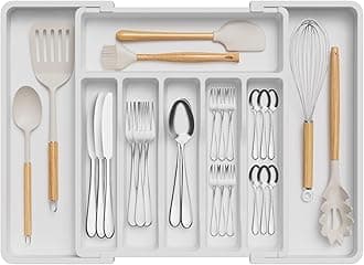 Lifewit Silverware Drawer Organizer, Expandable Cookware Tray for Kitchen, Adjustable Dish Holder and Cutlery Holder, Compact Plastic Storage for Spoon Forks Knife, Large, White