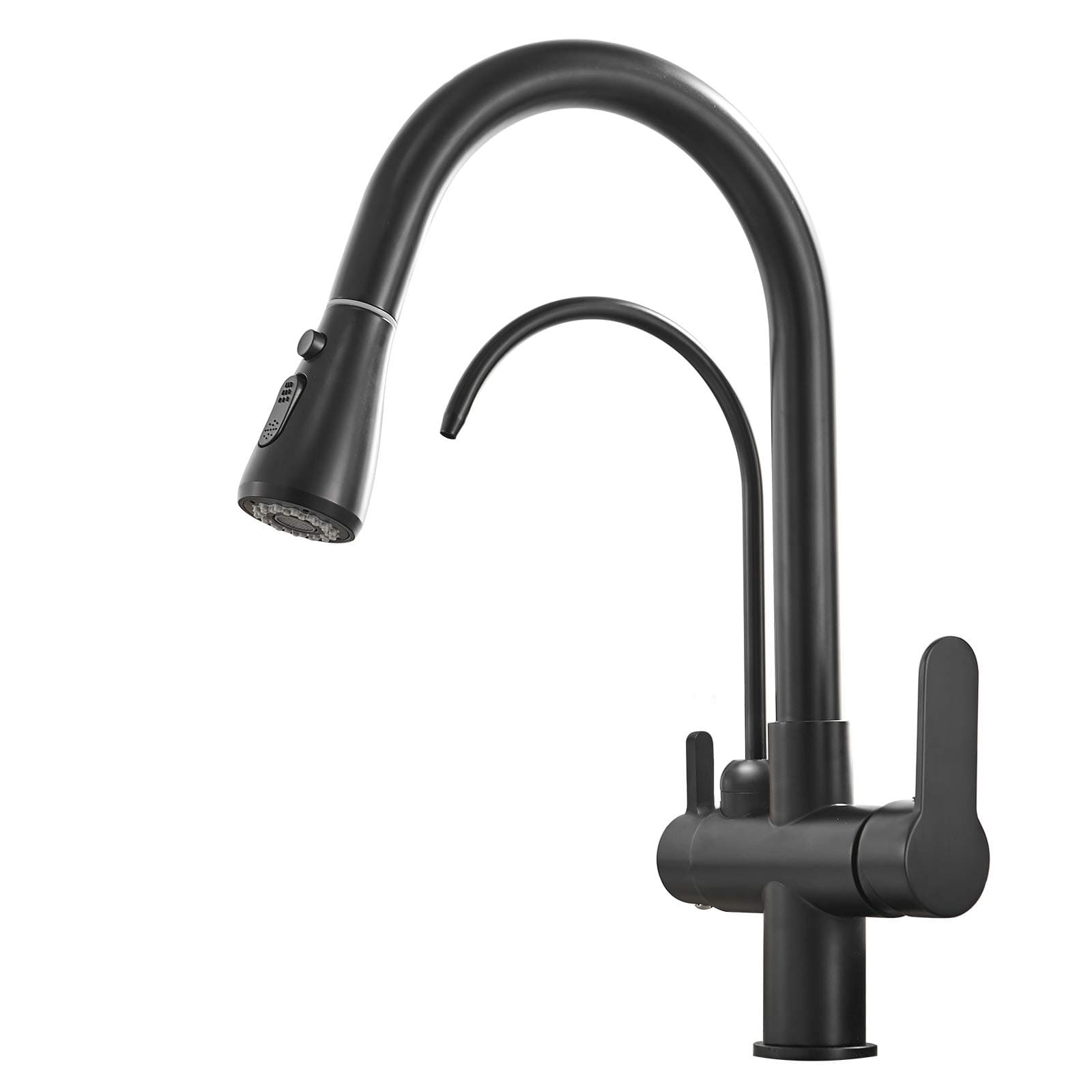 MENATT Commercial 3 in 1 Drinking Water Faucet, High Arc Water Filter Purifier Kitchen Faucets, Dual Handle Pull Out Kitchen Sink Faucet (Matte Black)