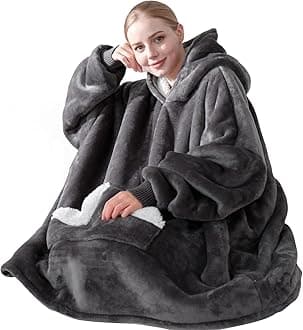 Wearable Blanket Hoodie, Oversized Sherpa Fleece Sweatshirt Blanket with Giant Hood Pocket and Sleeves for Adult, Warm & Cozy Grey Blanket Gifts for Women