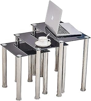 Small Glass Nesting Table Rectangular Nest of 3 End Table with Stainless Steel Legs Set of 3 Coffee Sofa Side Table for Livingroom Bedroom Office Nested Table Black