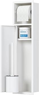 Qeke Recessed Toilet Brush Holder, SUS304 Stainless Steel Rustproof Recessed Toilet Brush Holder, in Wall Tissue Brush Storage Cabinet for Bathroom, Matte White, 4" Depth