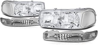 PM PERFORMOTOR Chrome Housing Clear Corner Headlights Compatible with 99-07 Sierra 1500 2500 3500&HD / 99-06 Yukon&XL / 2001 Sierra C3, PMHL-GSIE-9906-4P-OH-CC