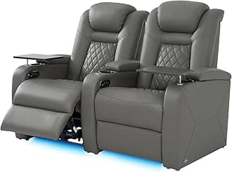 Home Theater Seating, Classic Series Leather Movie Theater Chairs, Power Headrest and Memory with C-Type USB Charger, 7-Color Ambient Lighting and Tray Table, Gray Power Adjustable Recliner(Row of 2)