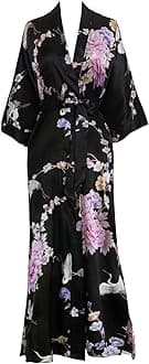 OLDSHANGHAI Luxury Kimono Robe for Women | Long Satin Floral Robe | Original Design | Removable Waist Tie Closure