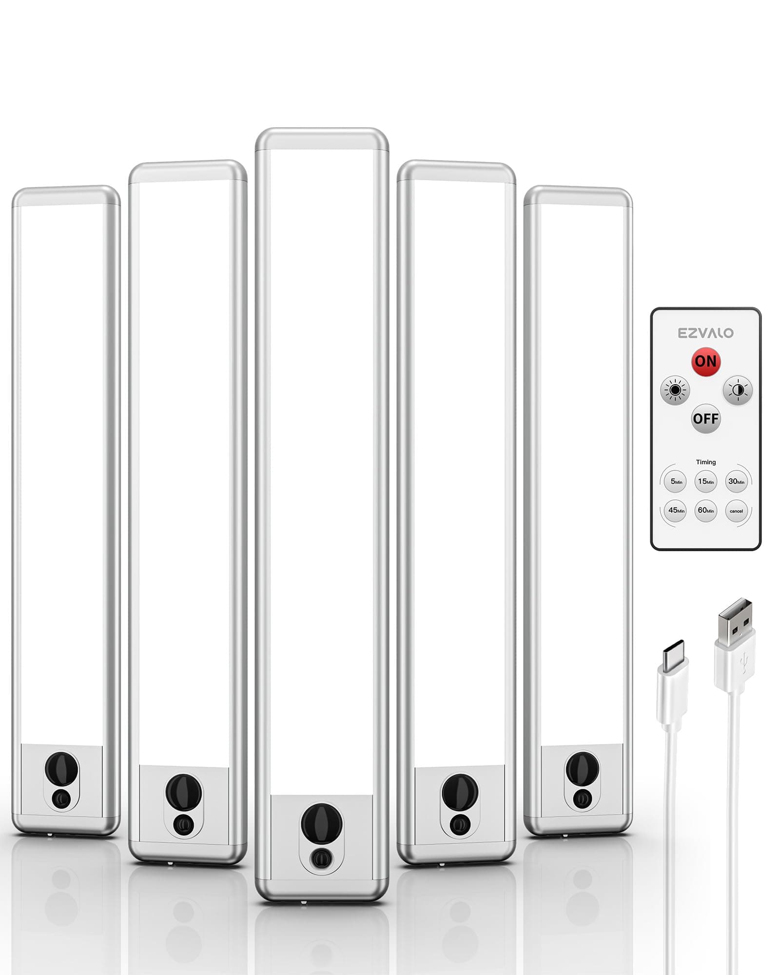 EZVALO 5 x Rechargeable Indoor LED Light with Motion Sensor, 23 cm LED Kitchen Light with Wireless Remote Control, 5700K 3 Modes Dimmable for Stairs Kitchens Cupboards