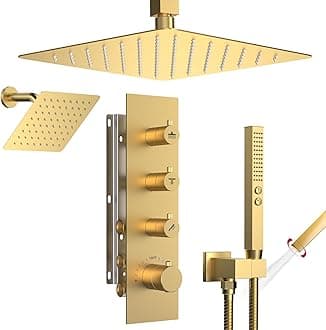 Shower Faucet Set,Thermostatic Shower System Brushed Gold,12 Inch Ceiling Mounted and 6 Inch Wall Mount Rain Shower Head with 2 in 1 Handhled,High Pressure Dual Shower Head Combo Set
