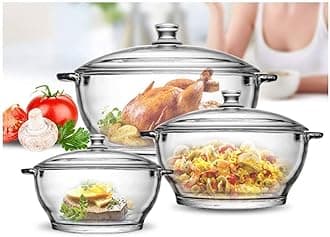Microwave Oven Safe Serving Bowl with Lid, Tempered Glass, for Rice and Boiling Food, 1000 ml, Set of 3