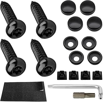 YALOK 4 Set Stainless Steel Anti-Theft License Plate Screws Kit, Rustproof, Self Tapping, Anti-Rattle Foam Pads, Mounting Bolts for Auto Front Back License Plates (Black)