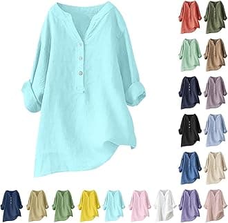 Linen Shirts for Women 2025 Buttons V Neck Cloths Long Sleeve Pockets Tshirt Trendy Dressy Blouses Casual Tunic Tops