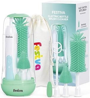 Festiva Electric Bottle Brush Cleaner - Baby Bottle Brush Set with Bottle Brush, Mixing Head, & Straw Brush, Baby Travel Essential, (Green)
