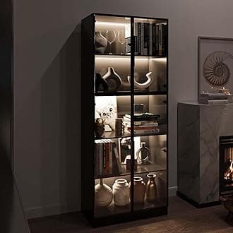 78.7" Tall Display Cabinet with Glass Doors and LED Light, Black Curio Cabinets, Bookcase with 5-Tier Shelves, Trophy Glass Display Case for Collectibles