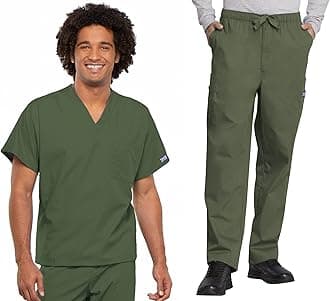Cherokee Scrub Set for Men and Women, Traditional Fit V-Neck Scrub Top 4777 with Natural Rise, Elastic Waist Pant 4000