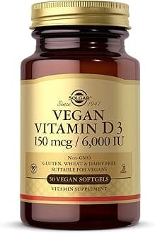 Solgar Vegan Vitamin D3 (Cholecalciferol) 150 mcg (6000 IU) - 50 Softgels - Immune Support, Helps Maintain Healthy Bones & Teeth - Non-GMO, Certified Vegan, Gluten & Dairy Free - 50 Servings