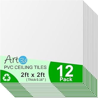 Art3d 24"x24" Smooth Drop Ceiling Tiles (48 Sq.Ft), 12-Pack 2ft x 2ft PVC Tiles for Home and Office, Waterproof and Reusable Plastic Ceiling, White