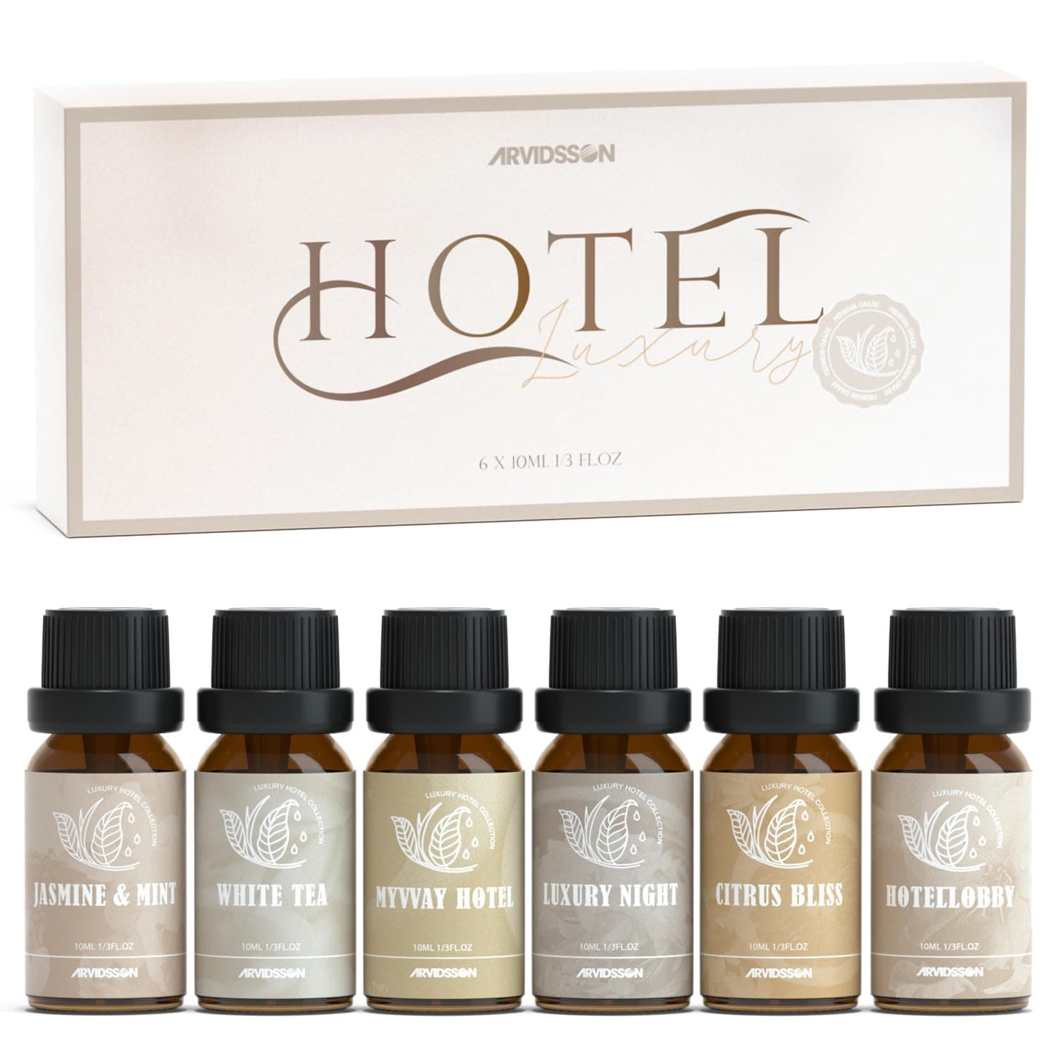 ARVIDSSON Hotel Diffuser Oils Gift Set, Hotel Scent Essential Oils for Diffuser, Luxury Fragrance Oil Blend - Jasmine & Mint, White Tea, Citrus Bliss, M-Way, Fancy Lobby, Gift for Women and Men