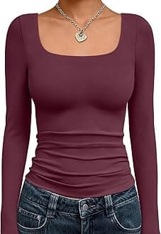 Womens Square Neck Long Sleeve Shirts Double Lined Slim Fit Tops Y2K Going Out Basic Tees