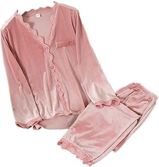 HUJINGLS Velvet Pajamas Women Autumn Winter Sleepwear Long Sleeve Casual Nightwear Pyjamas Suit Loose Home Clothes Lace Trim Sleep Set, L, Pink