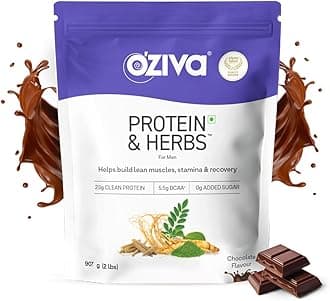 OZiva Protein & Herbs For Men, Chocolate 1Kg Protein Powder For Muscle Building, Recovery, And Better Stamina (With 23G Whey Protein + 15 Multivitamin For Men), Certified Clean