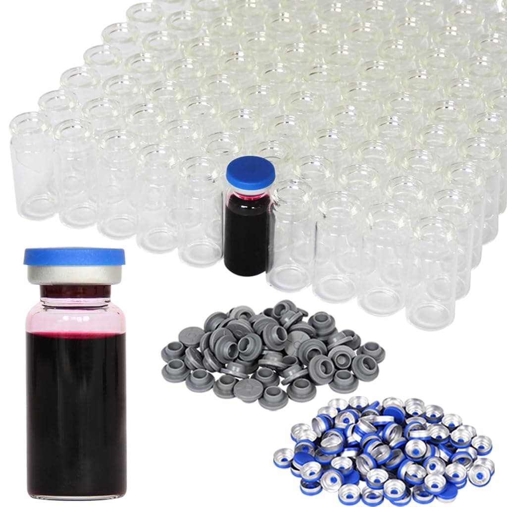 Chudeng 10ml Clear Glass Vials-2-1/2 Dram Clear Glass Headspace Vials with Plastic-Aluminum Flip Caps and Rubber Injection Stoppers, 100 Pack, 20mm Flat Bottom Lab Vial