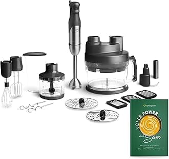Springlane Kitchen Sam 800 W Stainless Steel Hand Blender Set, Immersion Stick, Container with Lid, Chopper, Whisk, Mixing & Dough Hook, Food Processor with Storage Bag
