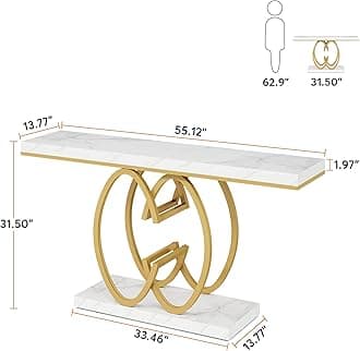 Tribesigns 140cm C Shape Faux Marble Hall Console Table Gold Faux Marble Entrance Table Modern Accent Table for Living Room Hallway Sofa Gold White