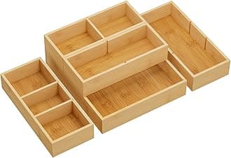 Lifewit 5 pcs Bamboo Drawer Organiser(11 Grid) with 6 Inserts, Adjustable Desk Drawer Dividers Trays, Stackable Wood Storage Boxes for Stationery, Makeup, Kitchen Utensils in Office/Bathroom/Bedroom