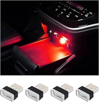 4 PCS USB LED Car Interior Atmosphere Lamp, Plug-in USB Decor Night Light, Portable Auto Ambient Lighting Kit, Universal Vehicle Interior Accessories for Most Cars (Red)