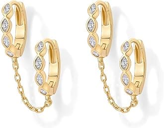 PAVOI 14K Gold Chain Earrings for Women | Double Piercing Dangle Chain Huggie Hoop Earrings | Cubic Zirconia Pearl Stud Ear Cuff Earrings for Women