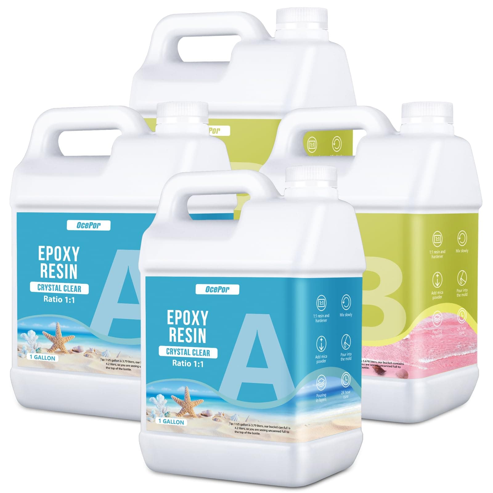 - OcePor Epoxy Resin-4 Gallon, Crystal Clear Epoxy Resin Kit, No Yellowing No Bubble Art Resin Casting Resin for Art Crafts, Jewelry Making, Wood & Molds(2 Gallon x 2)