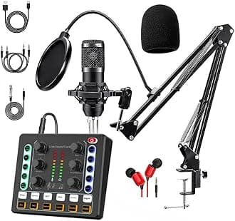 Podcast Equipment Bundle, BM-800 Podcast Microphone Bundle-Voice Changer with live Sound Card-Studio Condenser Microphone for Phone, PC, DJ, Perfect for Recording, Singing, Streaming and Gaming