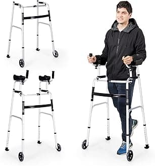 Goplus Walkers for Seniors, Foldable Standard Walker with 5’’ Wheels and Removable Padded Armrests 440lbs, Lightweight Walking Mobility Aid, Folding Platform Walker for Elderly, Handicap, Disabled