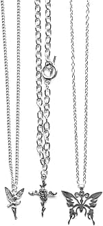 9 Pcs Grunge Necklace Set Goth Cross Fairy Thorns Gothic Angel Heart Feather Chain Choker Necklace for Women Teen Girls