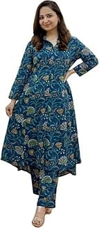 GRECIILOOKS Women's Cotton Blend Floral Regular Fit Kurta Set (GL-W1836_Blue_L)
