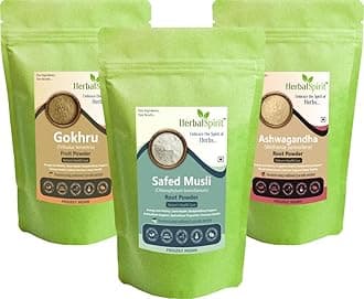 - Herbal Spirit Safed Musli Powder, Ashwagandha Powder Organic and Gokhru Powder | Safed Musli Root Powder, Gokshura Powder, Ashwagandha Root Powder | Ashwagandha Gokshura Musli | 100gm each (Pack of 3)