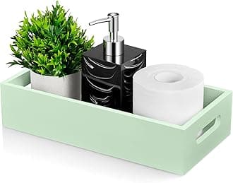ALELION Green Bathroom Basket - Wooden Toilet Tank Paper Basket with Handle for Organizing - Back of Toilet Storage Organizer for Bathroom Tank Topper Counter - Green Bathroom Decor and Accessories