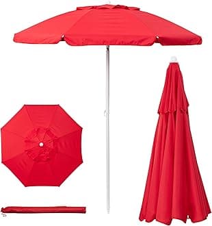 5.5 Ft Portable Beach Umbrella, Lightweight UV Protection Sunshade with Tilt Pole & Carry Bag, Outdoor Canopy Umbrella for Beach, Sand, Pool, Patio, Camping, Travel, or Backyard Shade, (Red)