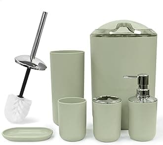 CERBIOR Bathroom Accessories Set 6 Piece Bath Ensemble Includes Soap Dispenser, Toothbrush Holder, Toothbrush Cup, Soap Dish for Decorative Countertop and Housewarming Gift (Green)